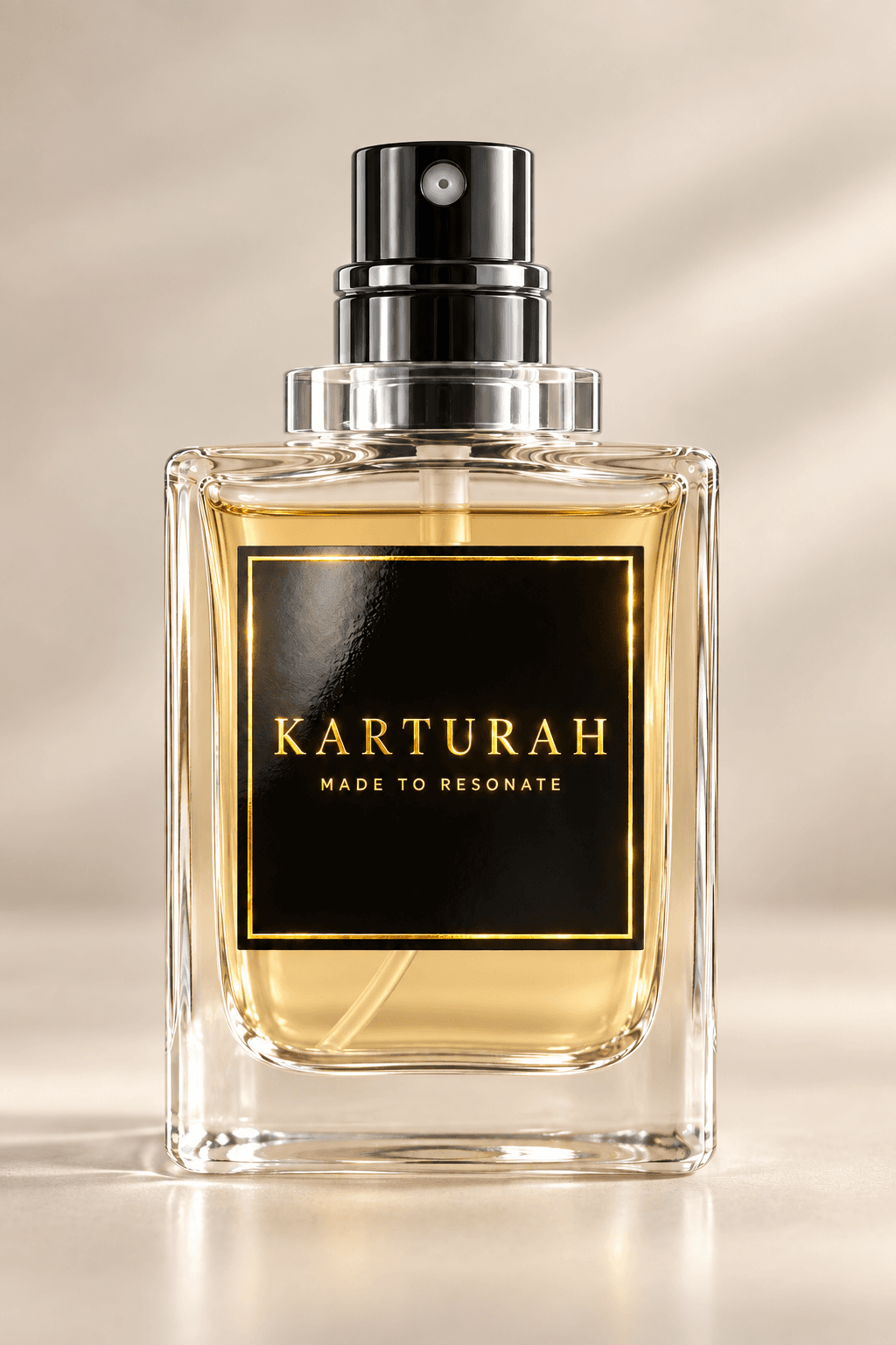 Karturah perfume, filled with golden fragrance, with a black and gold label